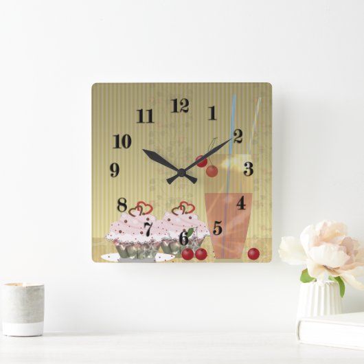 ケーキカクテルスイートデザートさくらんぼレトロヴィンテージ スクエア壁時計 (ホーム)