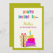 ケーキギフトカラフル第1誕生日パーティの招待状 招待状 (正面/裏面)