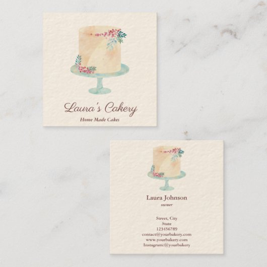 ケーキスイーツカップケーキベーカリー水彩ヴィンテージ スクエア名刺 (正面/裏面)