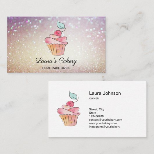 ケーキスイーツカップケーキホームベーカリーガーリーウォーターカラー 名刺 (正面/裏面)