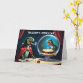 ケーキスタンドの中のケーキを見つめるT-Rex。 カード (黄色い花)