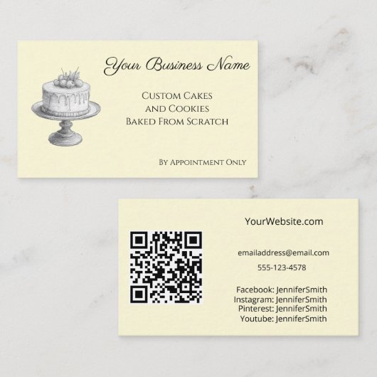 ケーキスタンドエレガントベーカリー黄カスタム色QRコード 名刺 (正面/裏面)