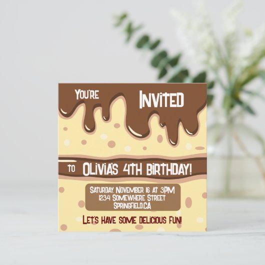 ケーキスライス漫画の甘い子供の誕生日パーティー 招待状 (スタンド正面)