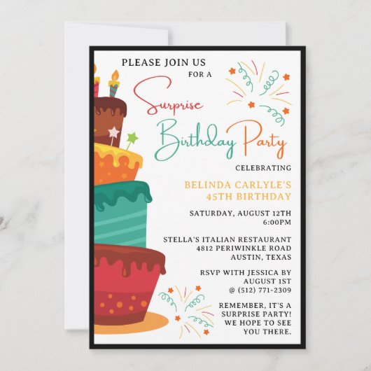 ケーキタワーサプライズ誕生日パーティーの招待状 招待状 (正面)