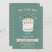 ケーキデイ陽気な誕生日若いティーンエイジのピンク金ゴールド 招待状 (正面/裏面)
