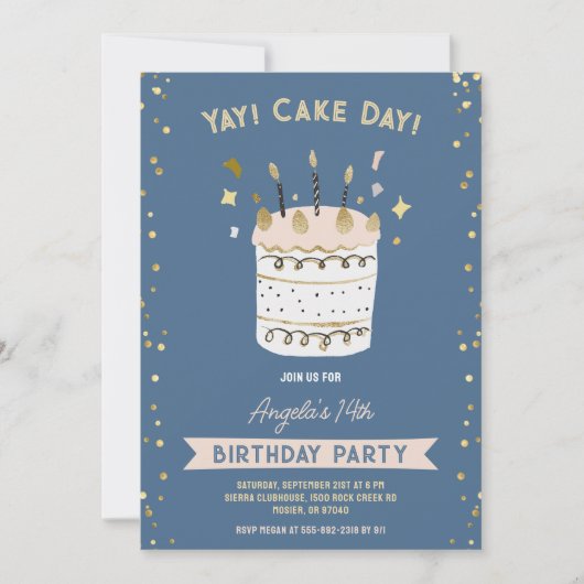 ケーキデイ陽気な誕生日若いティーンエイジのピンク金ゴールド 招待状 (正面)