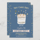 ケーキデイ陽気な誕生日若いティーンエイジのピンク金ゴールド 招待状 (正面/裏面)