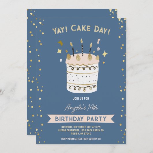 ケーキデイ陽気な誕生日若いティーンエイジのピンク金ゴールド 招待状 (正面/裏面)