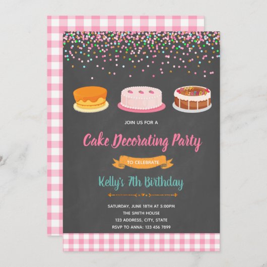 ケーキデコレーションのパーティー招待状 招待状 (正面/裏面)