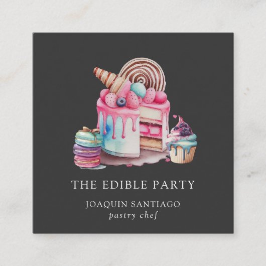 ケーキデザート菓子シェフベイカーウォーターカラーブラック スクエア名刺 (正面)