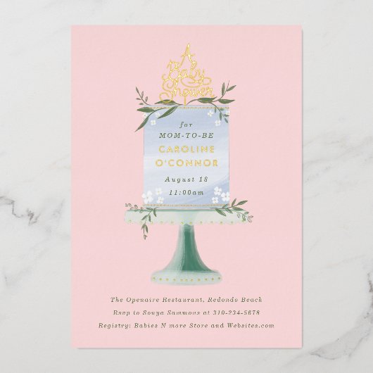 ケーキデザート赤面ピンクベビーシャワー 箔招待状 (正面)