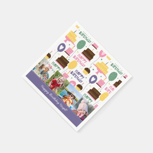 ケーキパタカラフルーンハッピーバースデー(写真付き) スタンダードカクテルナプキン (角)