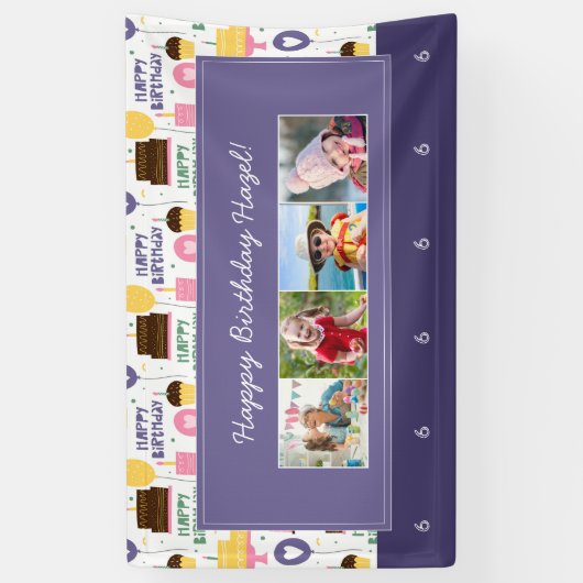 ケーキパタカラフルーンハッピーバースデー（写真付き） 横断幕 (縦)