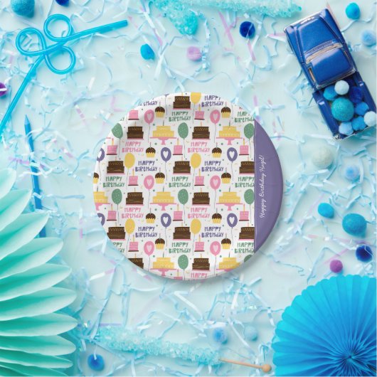 ケーキパタカラフルーンハッピーバースデー(名前あり) ペーパープレート (パーティー)