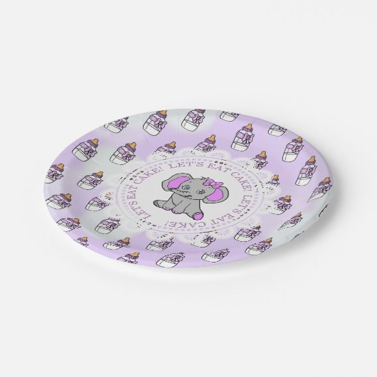 ケーキパープル食べゾウントをテーマにした赤ちゃんシャワー ペーパープレート (アングル)