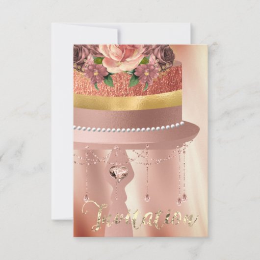 ケーキピンクローズ金ゴールドクリスタルカーテンシルクグリッター 招待状 (正面)