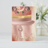 ケーキピンクローズ金ゴールドクリスタルカーテンシルクグリッター 招待状 (スタンド正面)