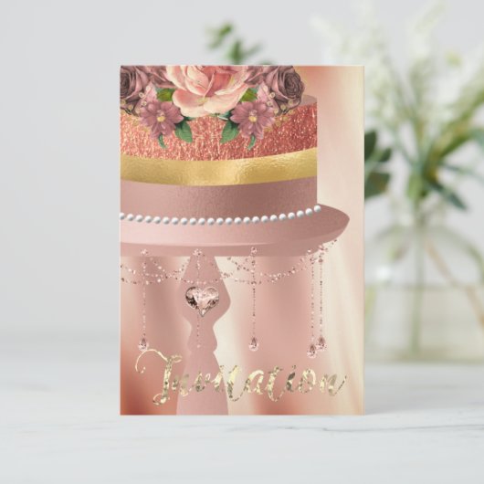 ケーキピンクローズ金ゴールドクリスタルカーテンシルクグリッター 招待状 (スタンド正面)