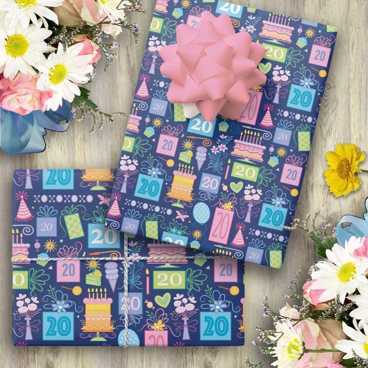 ケーキプレゼントバルーン青20誕生日 ラッピングペーパーシート