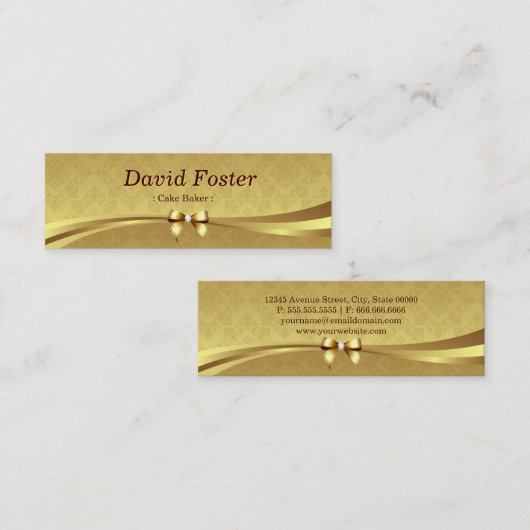 ケーキベイカー – シャイニー金ゴールドダマスク スキニー名刺 (正面/裏面)