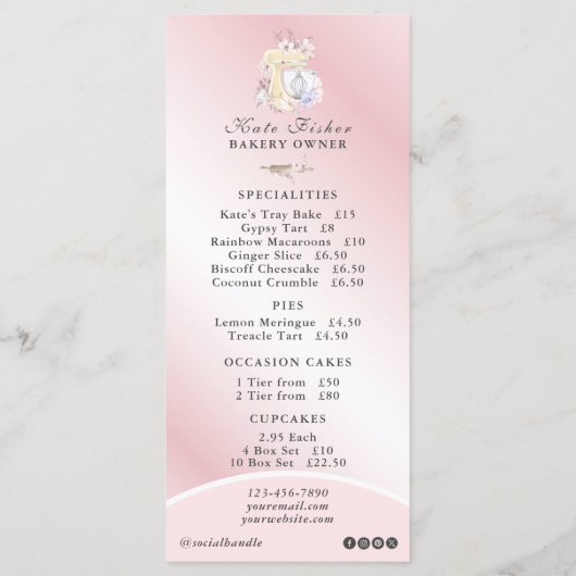 ケーキベーカリーシェフ赤面ピンクカフェ価格表 メニュー (裏面)