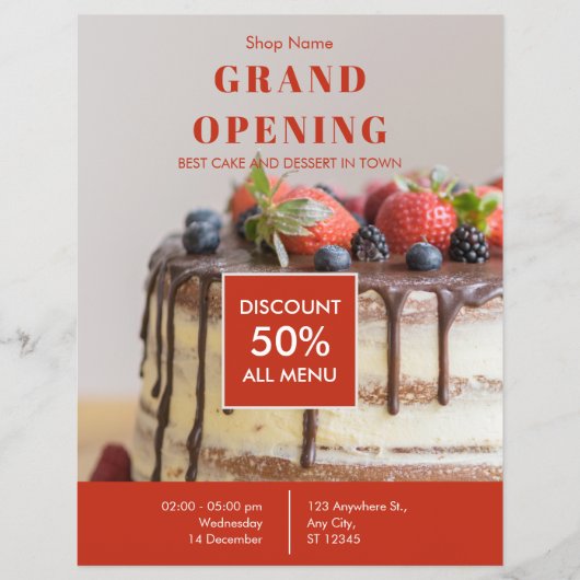 ケーキベーカリーショップビジネスグランドオープニングフライヤー チラシ (正面)