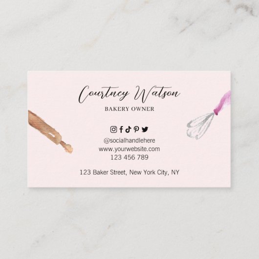ケーキベーカリーパティシシェフウォーターカラーウィスクピンク 名刺 (裏面)