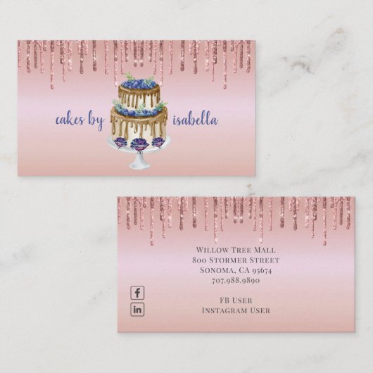 ケーキベーカリーパティシシェフグリッタードリップバラ金ゴールド 名刺 (正面/裏面)