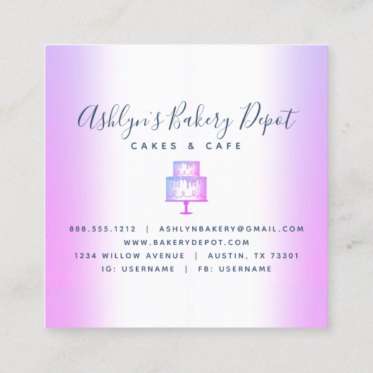ケーキベーカリーパープルグリッタードリップペストリーシェフラグジュアリー スクエア名刺 (裏面)