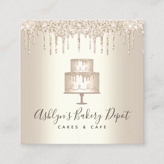 ケーキベーカリー金ゴールドグリッタードリップスペストリーシェフラグジュアリー スクエア名刺 (正面)