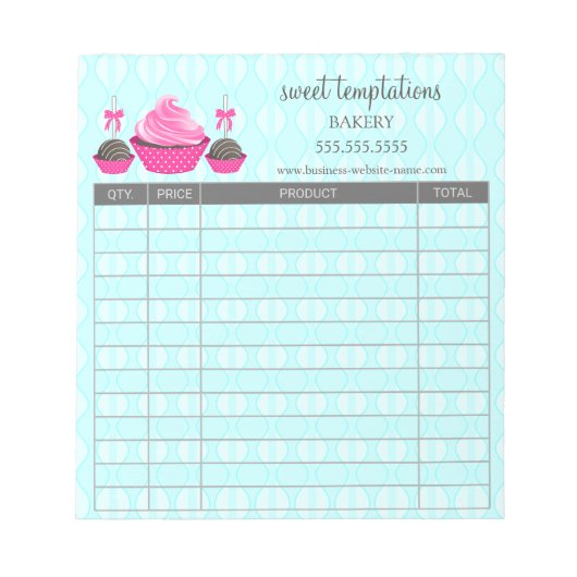 ケーキポップとカップケーキアクアレシート注文型枠 ノートパッド (正面)