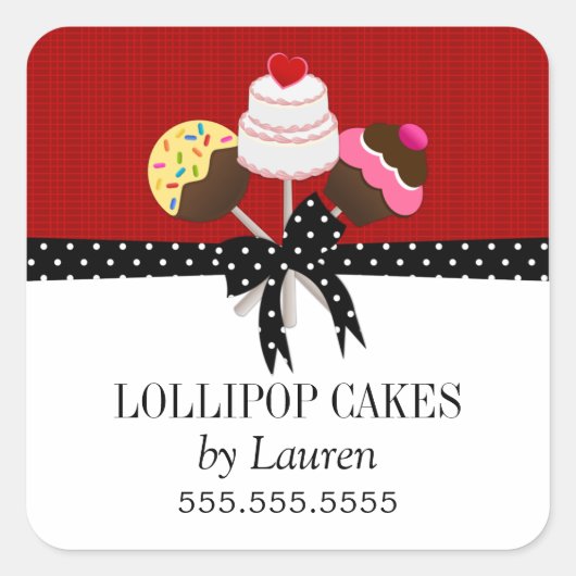 ケーキポップレッドベイカーボックスシール スクエアシール (正面)
