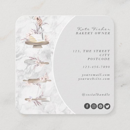 ケーキミキサーベーカリーフローラマーブルグレービジネスカード スクエア名刺 (裏面)