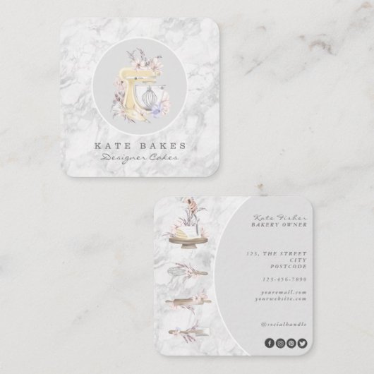 ケーキミキサーベーカリーフローラマーブルグレービジネスカード スクエア名刺 (正面/裏面)