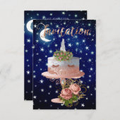ケーキユニコーンバラ金ゴールドブルーネイビースターリーナイト 招待状 (正面/裏面)