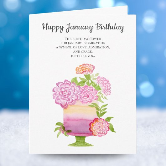 ケーキ上の1月のカーネーションの誕生日の花 カード