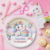 ケーキ付きかわいい水色ユニコーン1歳の誕生日 ペーパープレート (パーティー)