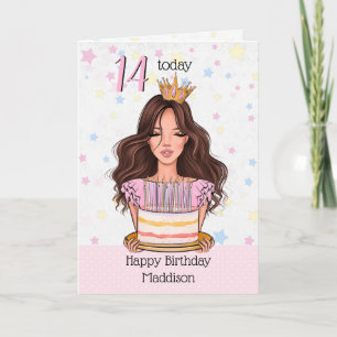 ケーキ付き可愛いブルネットガールハッピーバースデーカード シーズンカード