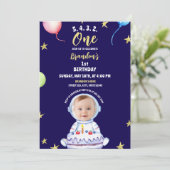 ケーキ付き水彩青い宇宙飛行士1st誕生日 招待状 (スタンド正面)
