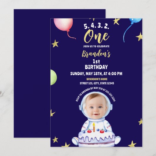 ケーキ付き水彩青い宇宙飛行士1st誕生日 招待状 (正面/裏面)