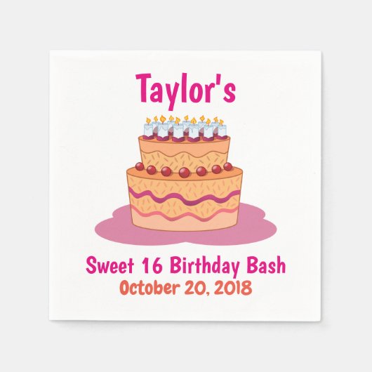 ケーキ付き甘い16誕生日パーティーピンク スタンダードカクテルナプキン (正面)