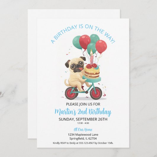 ケーキ付き自転車のパグ2nd誕生日パーティー 招待状 (正面/裏面)