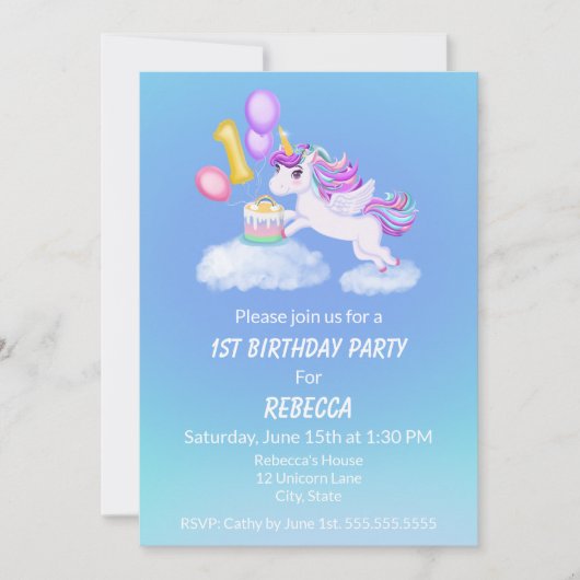 ケーキ付き誕生日ユニコーン招待状 招待状 (正面)