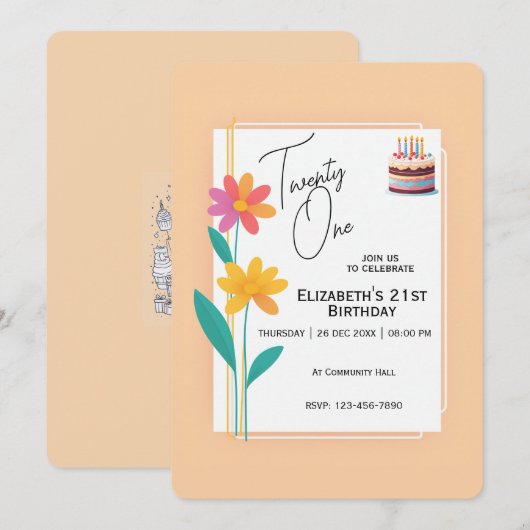 ケーキ付き2つの花の誕生日招待状カード 招待状 (正面/裏面)
