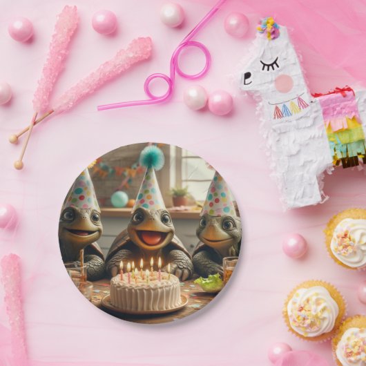 ケーキ祝と帽子のカメの誕生日 ペーパープレート (パーティー)