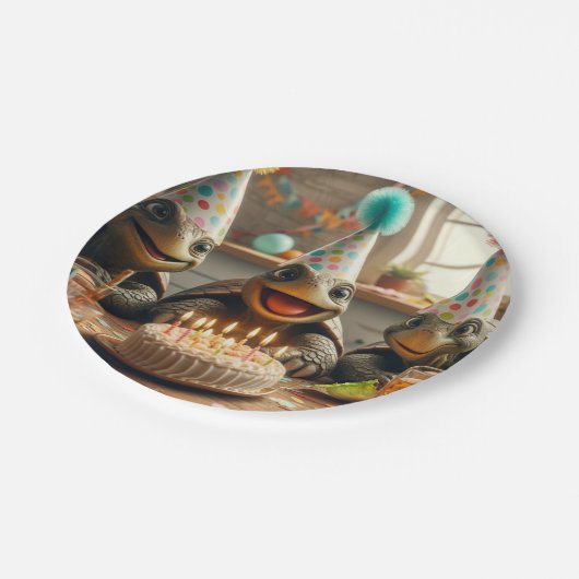 ケーキ祝と帽子のカメの誕生日 ペーパープレート (アングル)