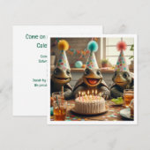 ケーキ祝と帽子のカメの誕生日 招待状 (正面/裏面)