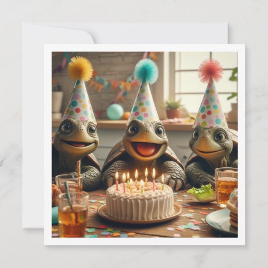 ケーキ祝と帽子のカメの誕生日 招待状 (正面)