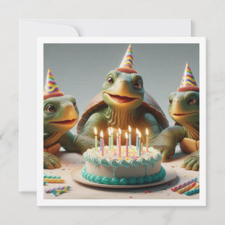 ケーキ祝と帽子のカメの誕生日 招待状