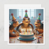 ケーキ祝と帽子のカメの誕生日 招待状 (正面/裏面)